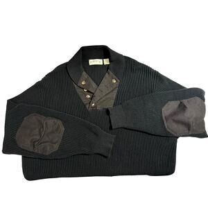 Orvis Military Sweater Mens L Shawl Collar Elbow Patch Thick Knit 1/4 Button